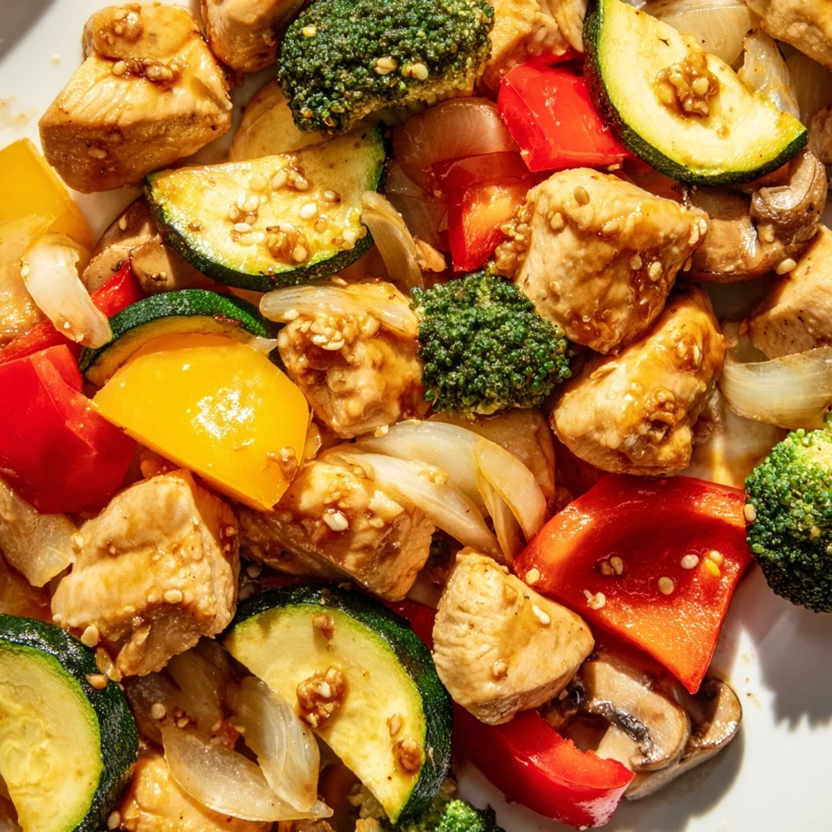 Golden-brown chicken cubes and vibrant crisp vegetables from the Perfect Easy Air Fryer Hibachi Chicken & Vegetables glistening with savory sauce.