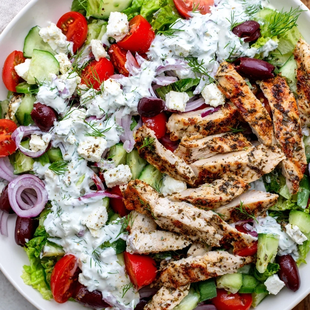 Sliced grilled chicken sits atop a vibrant salad of mixed greens, tomatoes, and olives, drizzled with creamy tzatziki dressing for a refreshing Greek-inspired meal.