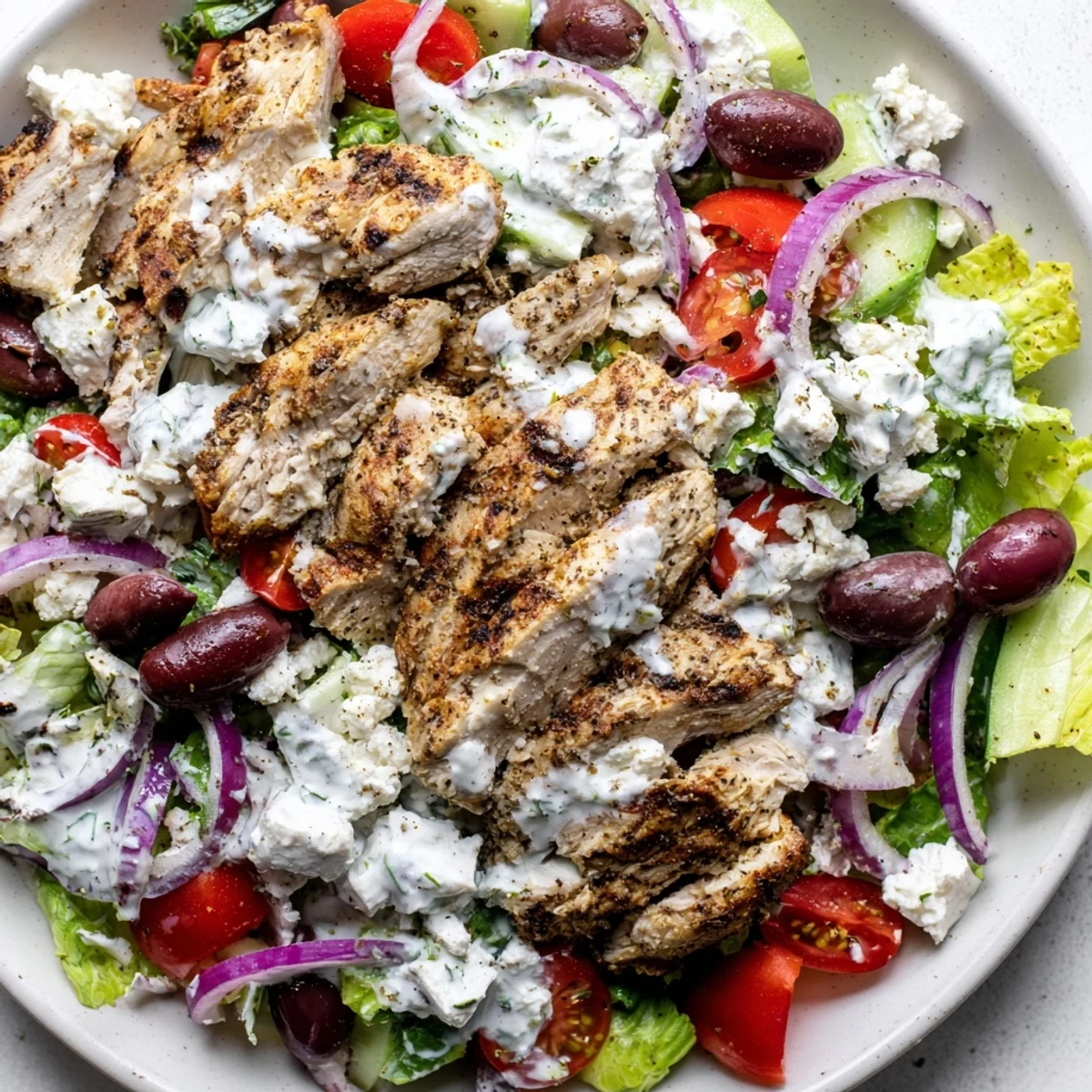 A close-up view of Tzatziki Chicken Salad shows tender chicken slices, colorful vegetables, and a generous drizzle of homemade tzatziki dressing, ready to serve.