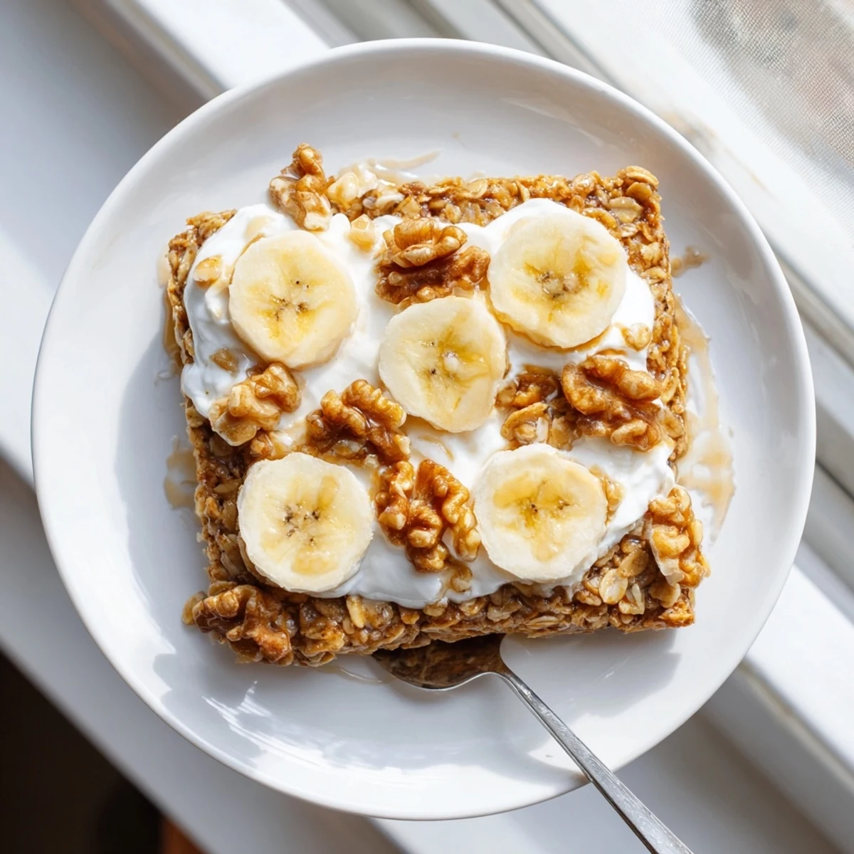 Freshly baked Banana Baked Oatmeal cooling in a dish, topped with creamy Greek yogurt and banana slices.