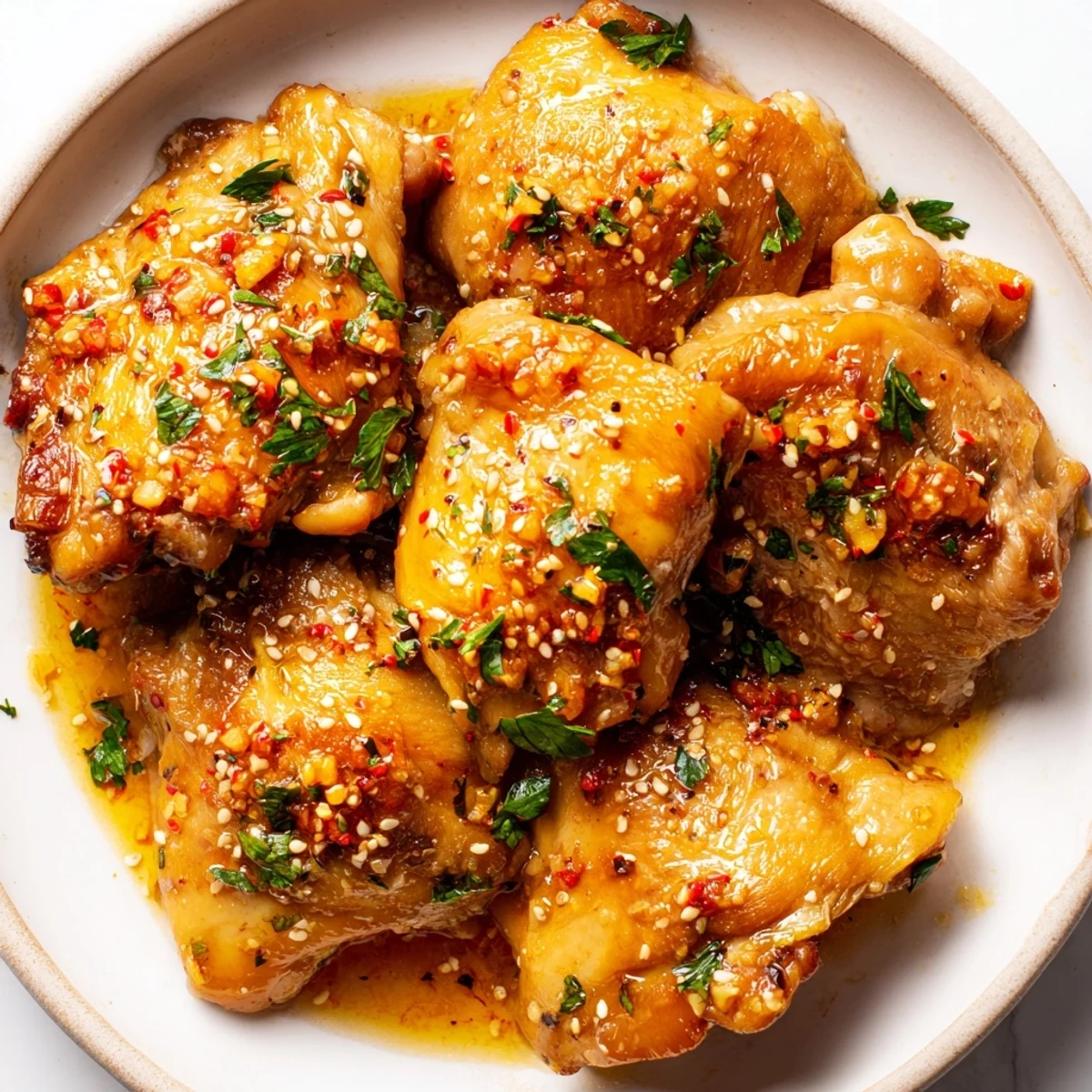A close-up of juicy Honey Butter Chicken coated in a glossy honey butter glaze, topped with sesame seeds.