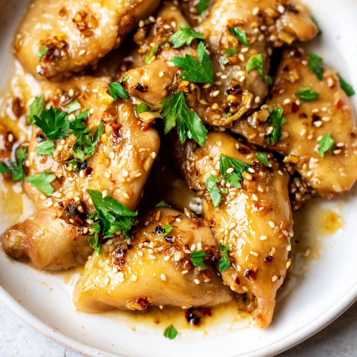 Delicious Honey Butter Chicken served over fluffy white rice with fresh parsley garnish on a rustic plate.