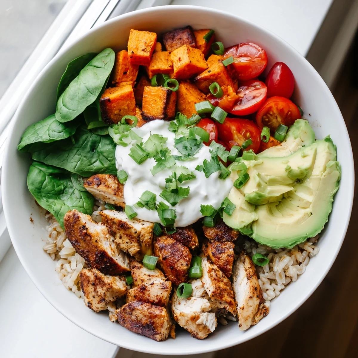 A close-up of the Wholesome Chicken Sweet Potato Rice Bowl, showing tender chicken and creamy avocado atop fluffy rice with a lime wedge.