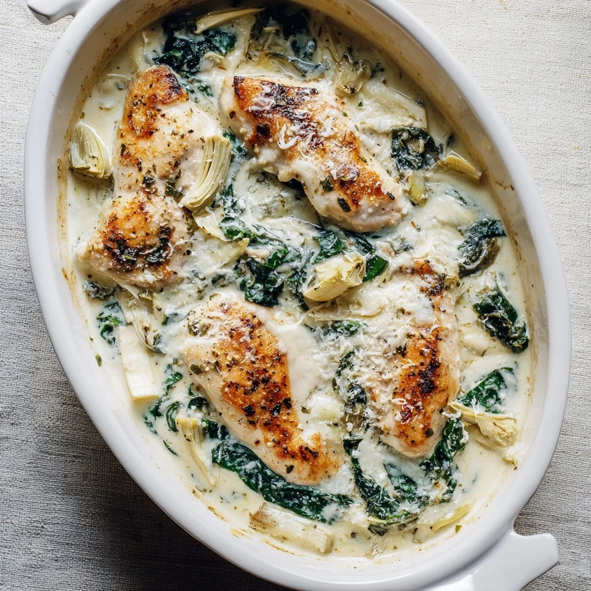 Golden-baked chicken breasts nestled in a creamy spinach and artichoke cottage cheese sauce in a skillet.