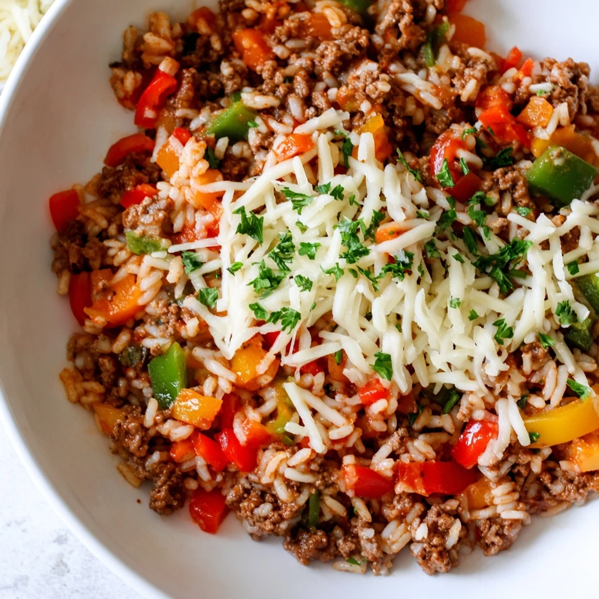 A steaming pan of Unstuffed Pepper Skillet, dotted with diced onions and tomatoes, sits ready for a family weeknight dinner.