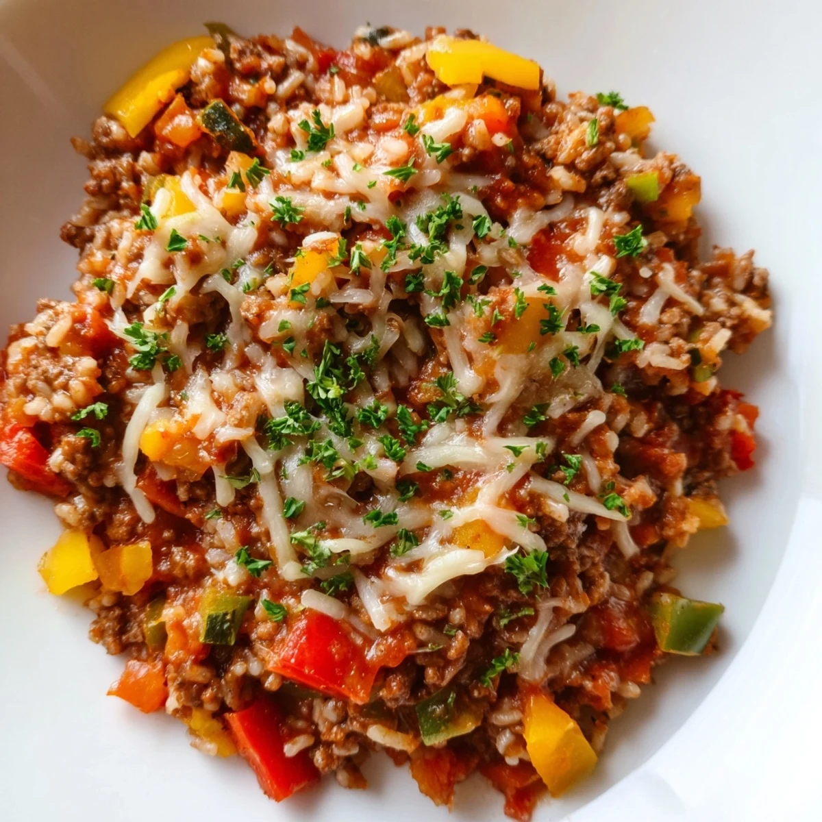Golden melted mozzarella blankets a hearty skillet of Unstuffed Pepper Skillet, packed with ground beef, bell peppers, and fluffy rice.