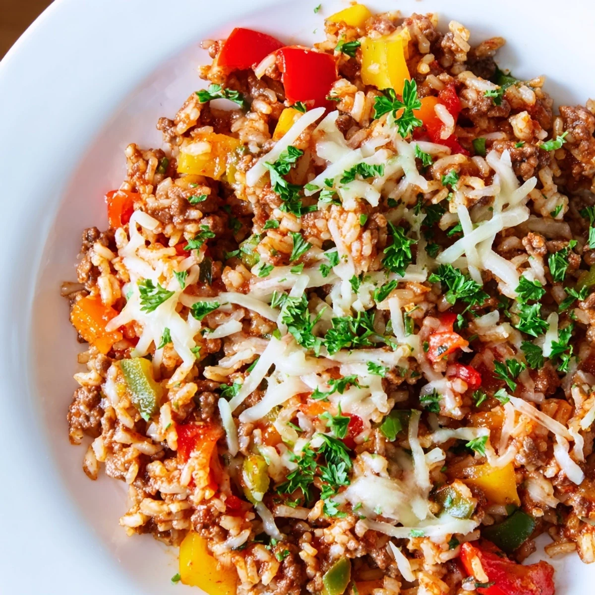 Close-up of colorful bell peppers and savory ground beef in this Unstuffed Pepper Skillet, garnished with fresh parsley.