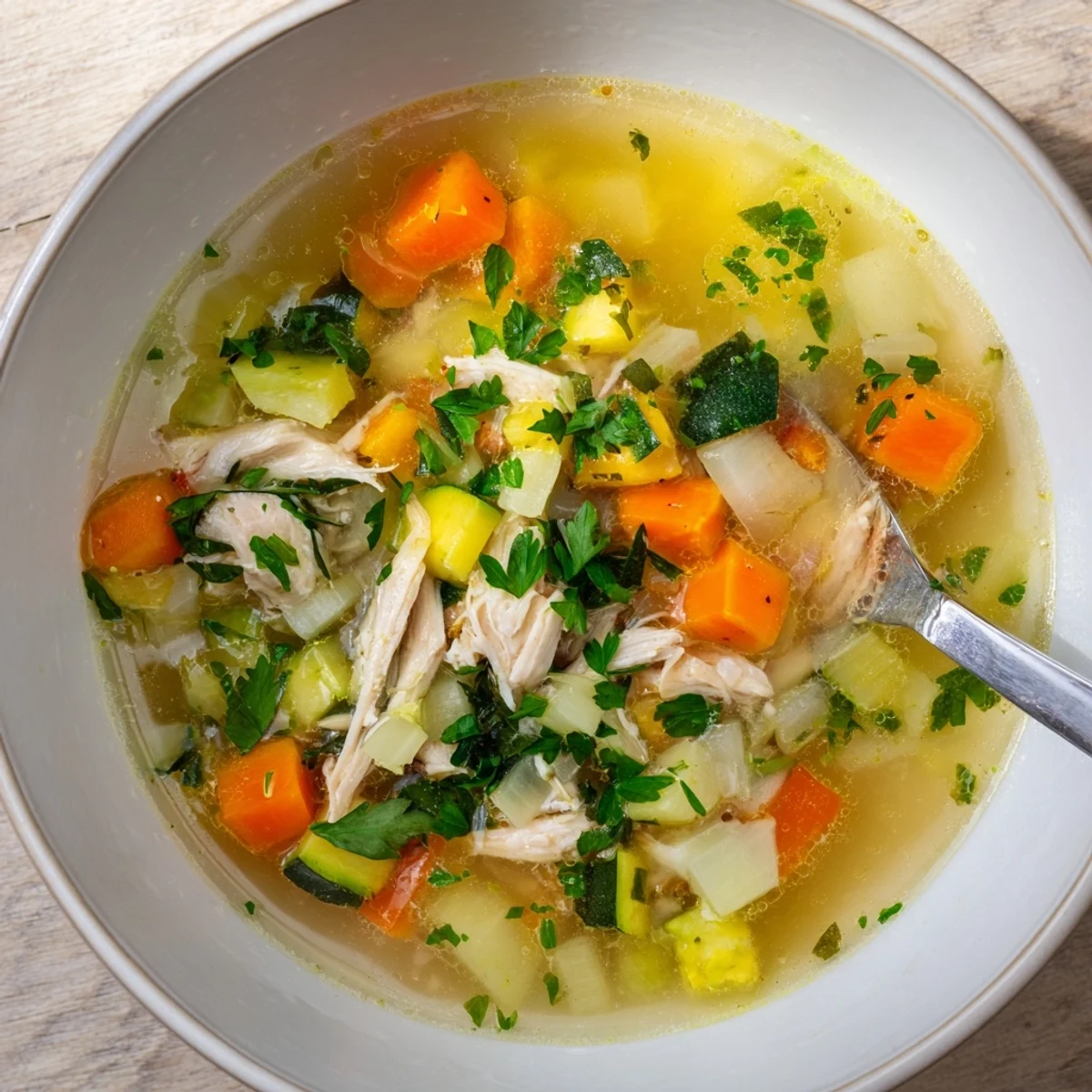 Steam rises from a bowl of The Best Healing Chicken Soup, filled with tender shredded chicken, carrots, and fresh spinach.