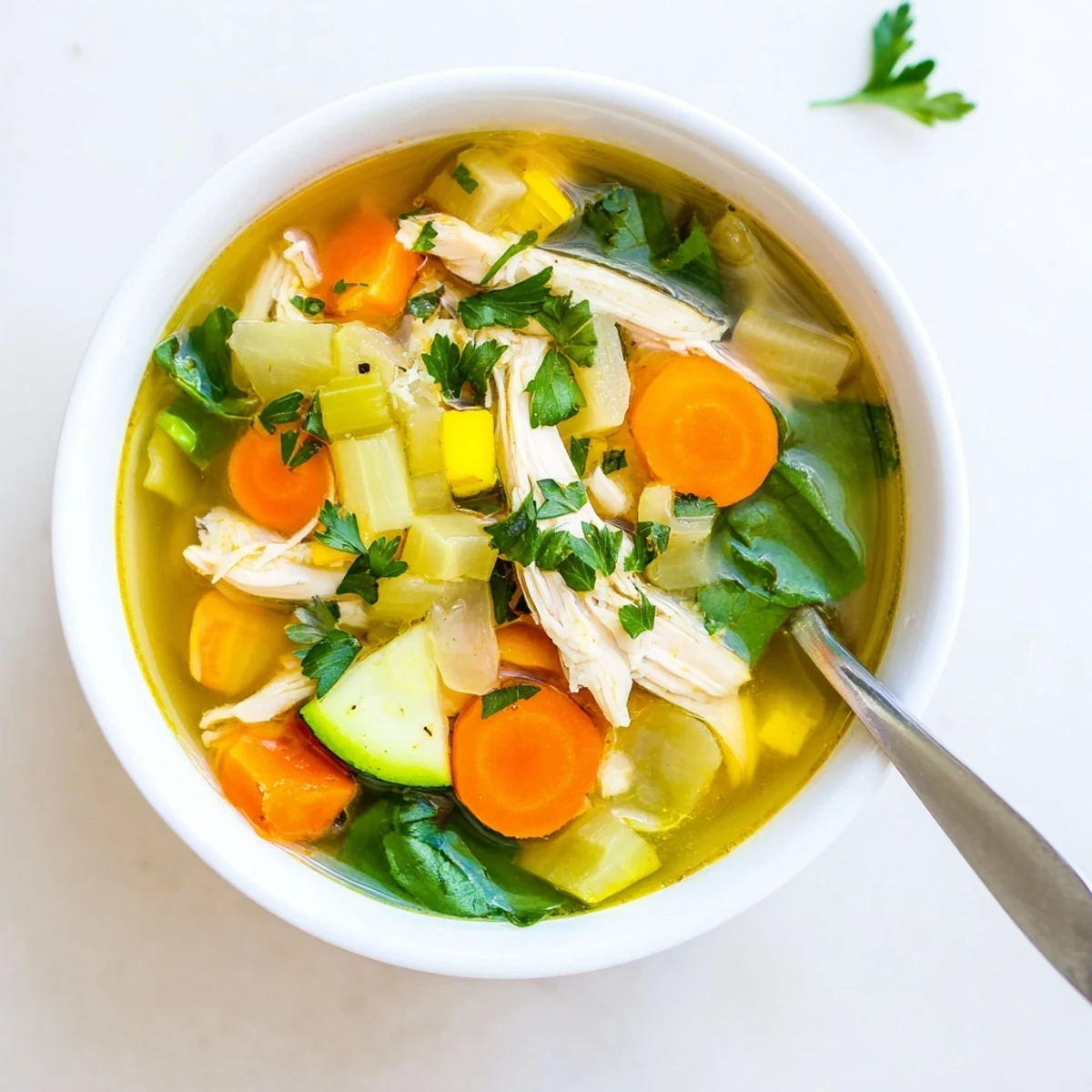 The Best Healing Chicken Soup simmers in a rustic pot, garnished with fresh parsley and a slice of lemon.