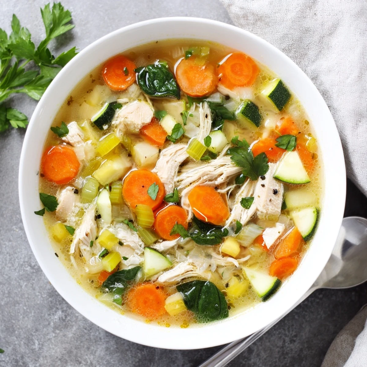 A ladle scoops up The Best Healing Chicken Soup, showcasing vibrant carrots and celery in aromatic golden broth.