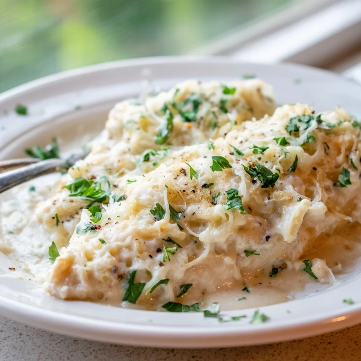 Creamy Parmesan Baked Caesar Chicken fresh from the oven with golden, bubbling cheese and tender chicken breasts.