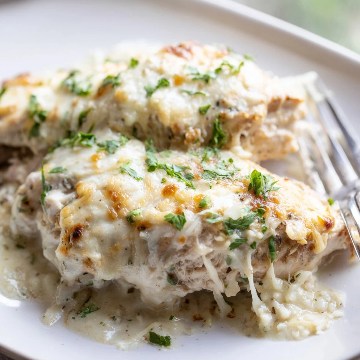 Serving suggestion for Creamy Parmesan Baked Caesar Chicken plated with crisp salad and warm garlic bread on the side.
