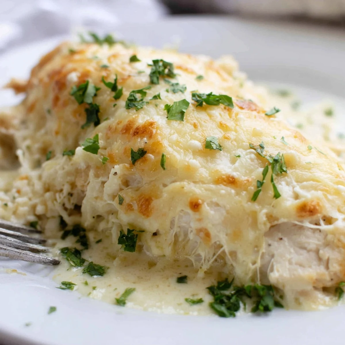 Close-up of Creamy Parmesan Baked Caesar Chicken with luscious Caesar-Parmesan sauce and fresh parsley garnish.