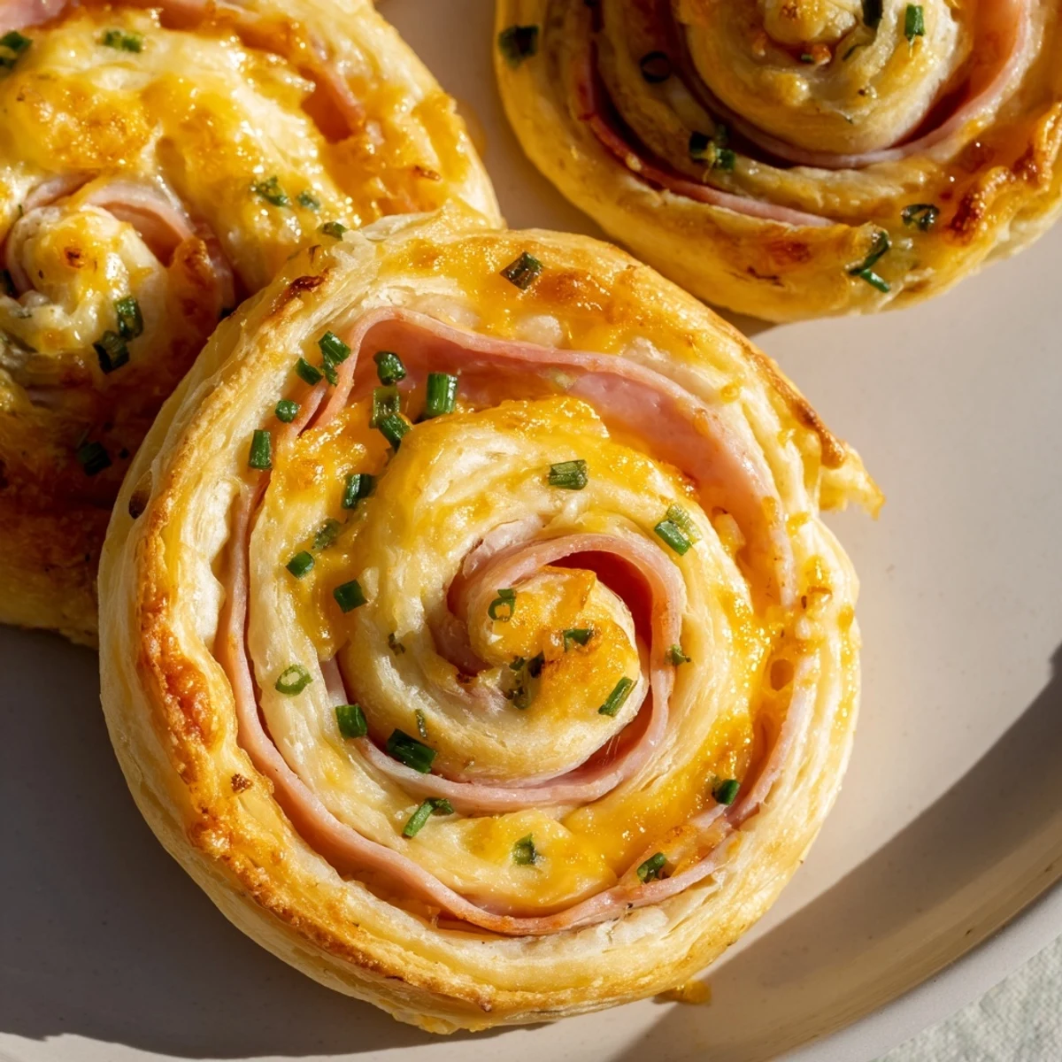 Flaky puff pastry pinwheels loaded with smoky ham and sharp cheddar, brushed golden for an Easter appetizer.