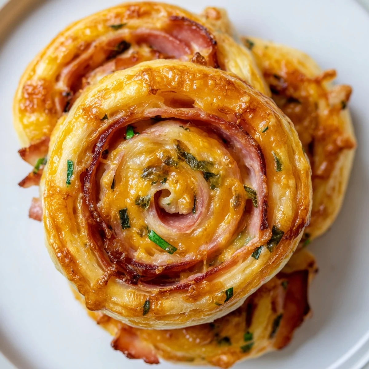 A close-up of Easter Ham Cheddar Pinwheels with herbs, perfect for a spring party platter.