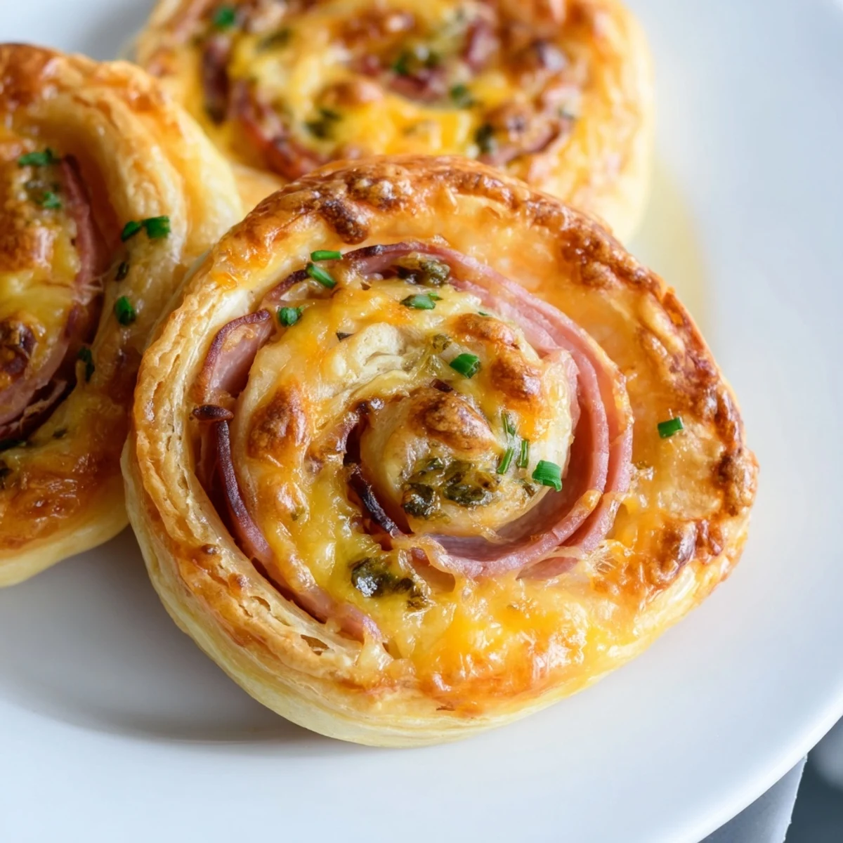 Golden-baked Easter Ham Cheddar Pinwheels served warm, revealing melted cheese and savory ham swirls inside.