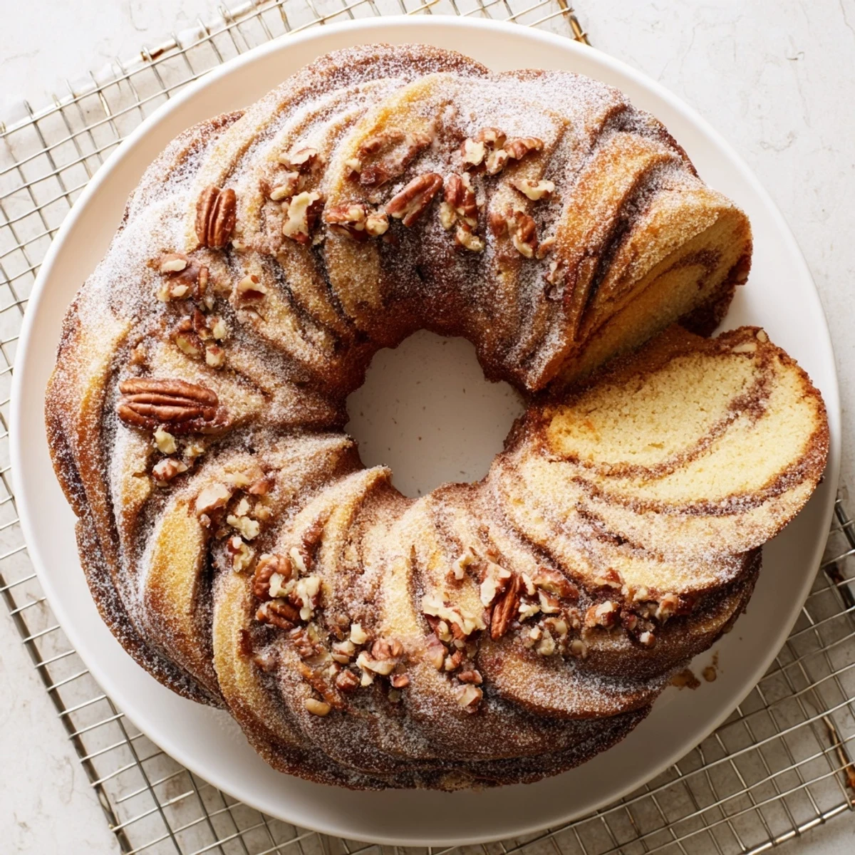 Freshly baked Easy Breakfast Bundt Coffee Cake with cinnamon swirl, dusted with powdered sugar, ready for morning serving.