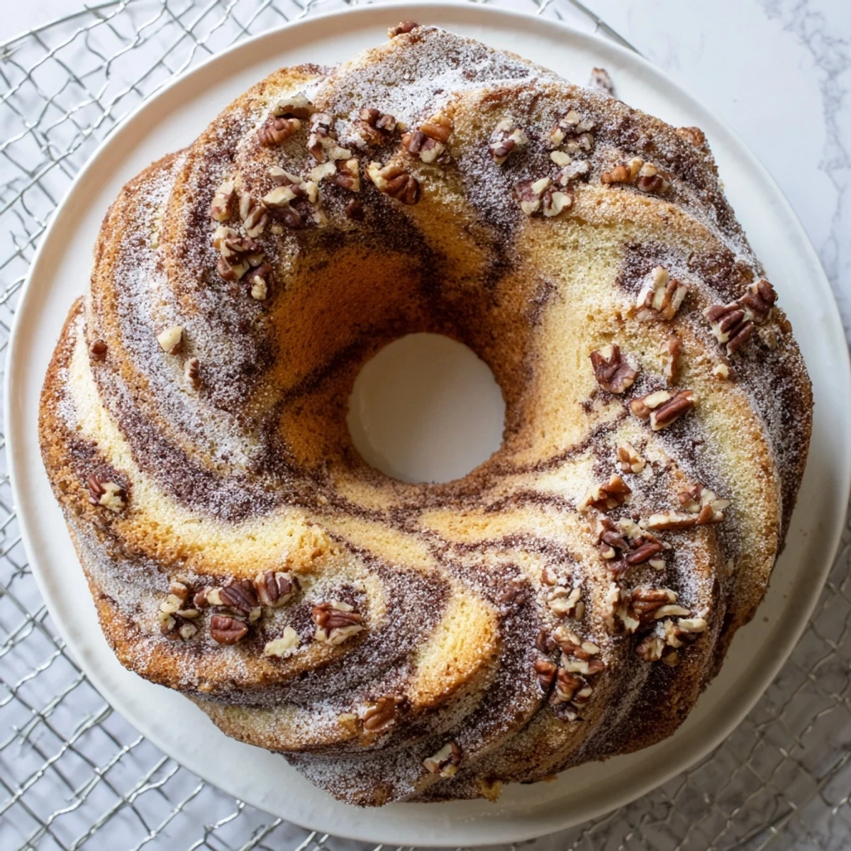 Slice of Easy Breakfast Bundt Coffee Cake showing moist layers, paired with coffee and a glass of milk.