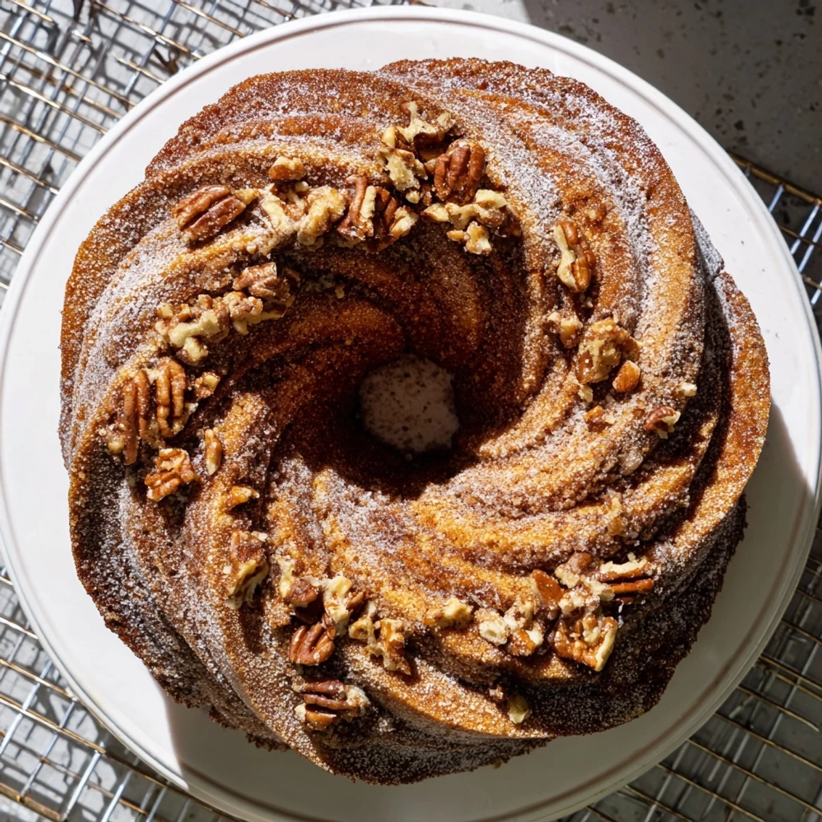 Warm Easy Breakfast Bundt Coffee Cake on a wooden board, nutty crumble topping and steam rising invitingly.