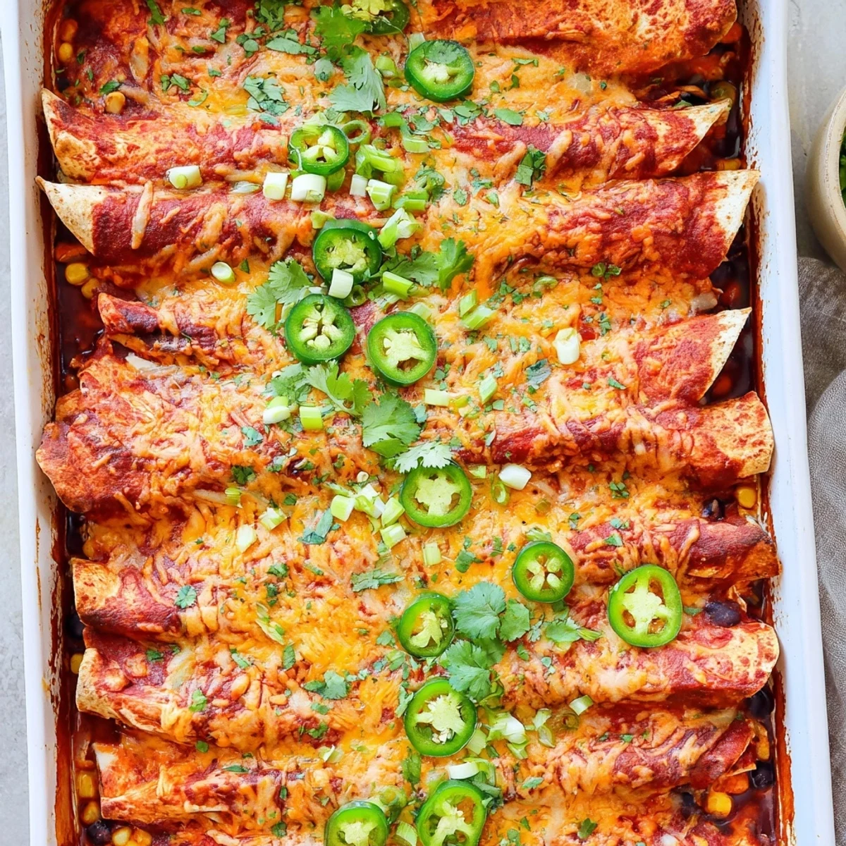 Close-up of Chicken Enchiladas in red sauce with bubbling cheese, corn tortillas, and jalapeño garnish.