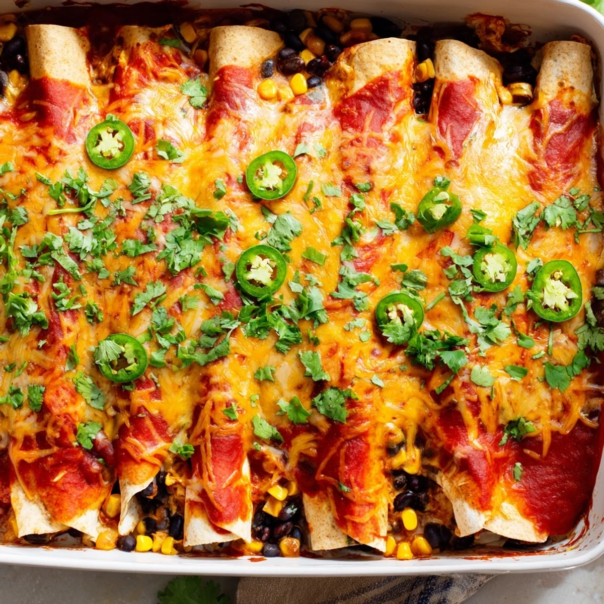 Homestyle Chicken Enchiladas in a baking dish with shredded chicken filling, topped with cilantro and sour cream.