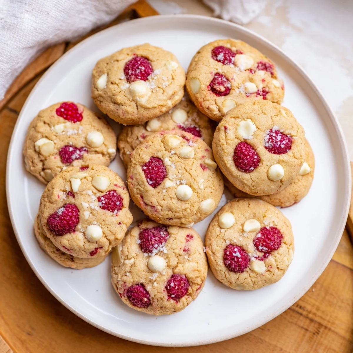 Bright Lemon Raspberry Cookies on a cooling rack, dotted with juicy berries and a sparkly sugar finish.