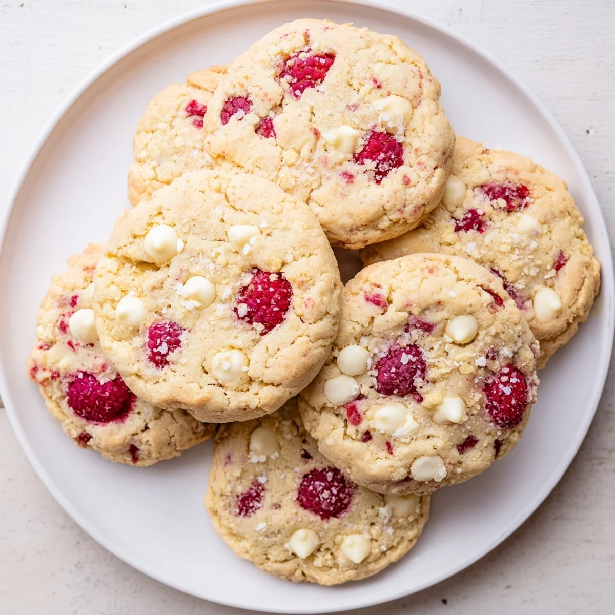 Close-up of Lemon Raspberry Cookies showing soft centers, golden edges, and melted white chocolate chips.