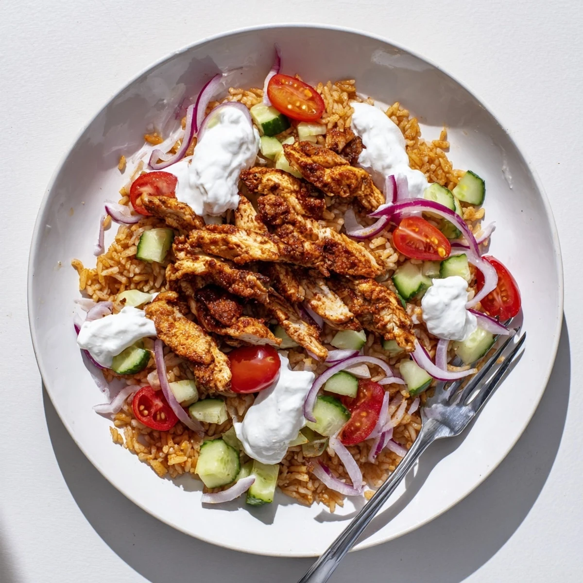 Golden shawarma-spiced chicken rests atop crispy basmati rice with fresh cucumbers and cherry tomatoes.
