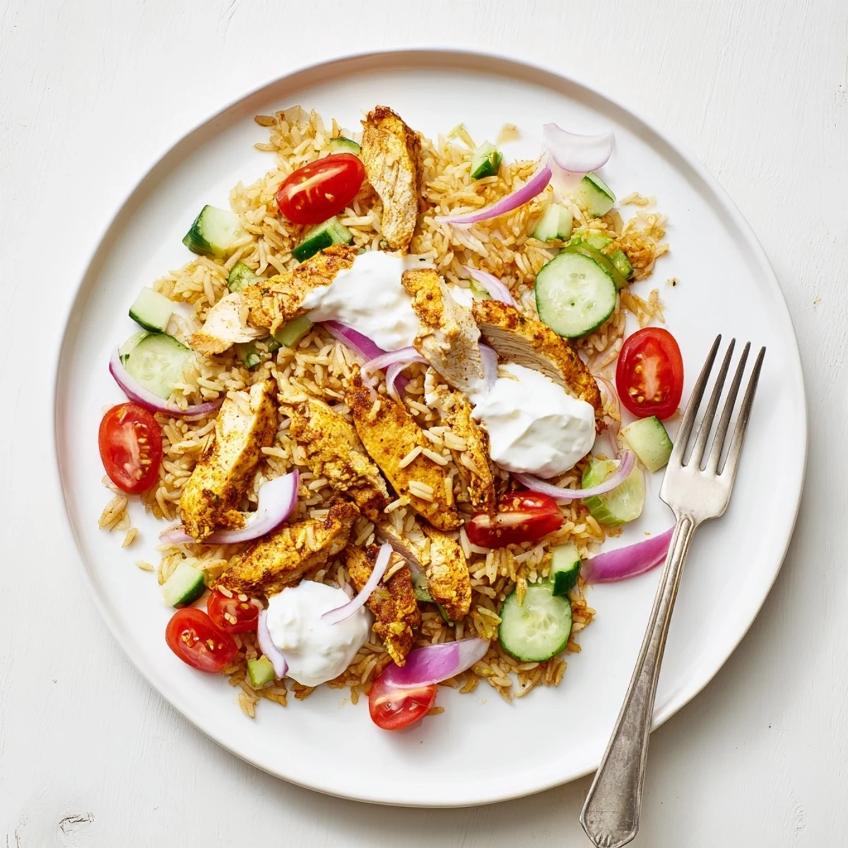 Vibrant Chicken Shawarma Crispy Rice Salad is drizzled with creamy Greek yogurt dressing.