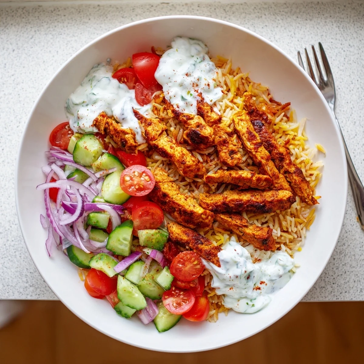Bright, colorful salad bowl with fragrant spices and a tangy yogurt drizzle served warm.