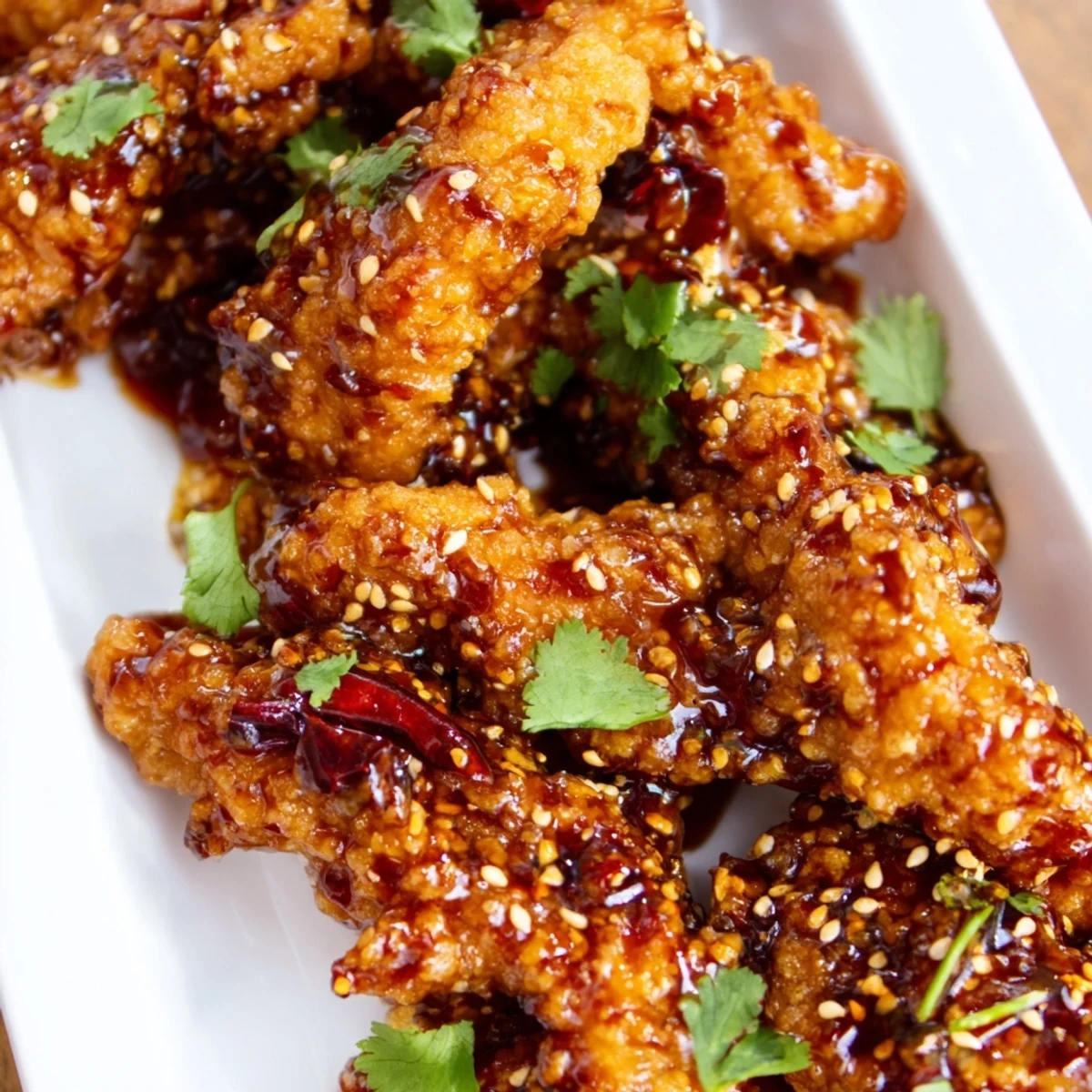 Thai Sticky Chicken Fingers glistening with sweet chili glaze on a platter with fresh cilantro and lime wedges.