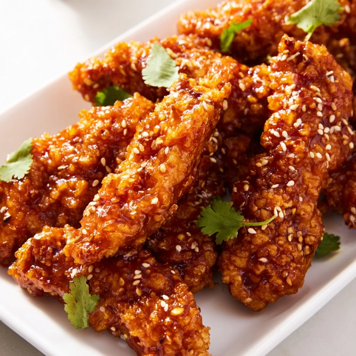 Crispy baked Thai Sticky Chicken Fingers tossed in a sticky sauce, served warm with sesame seeds for appetizers.