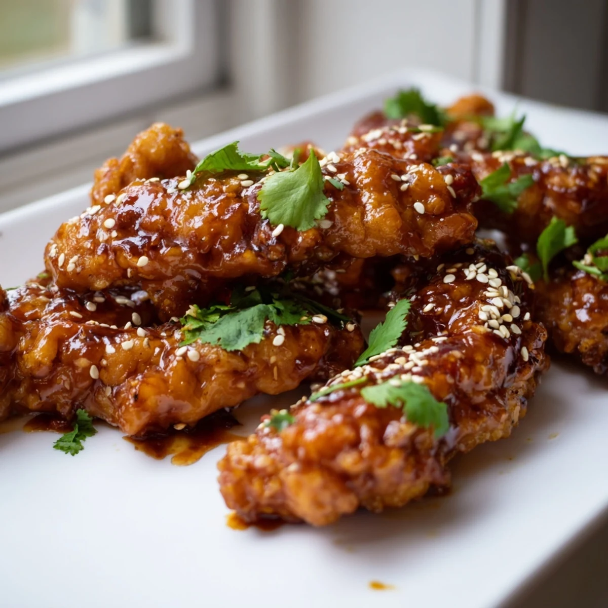 Golden Thai Sticky Chicken Fingers on a plate with lime wedges and cilantro, perfect for game day snacking.