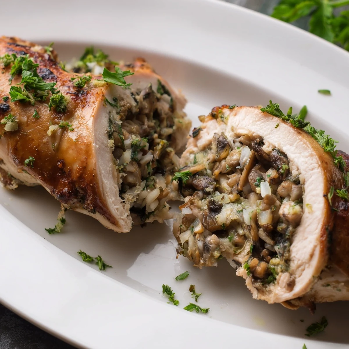 Flavorful Mushroom Stuffed Chicken Breast with golden sear and juicy filling, served with roasted vegetables for a hearty dinner.