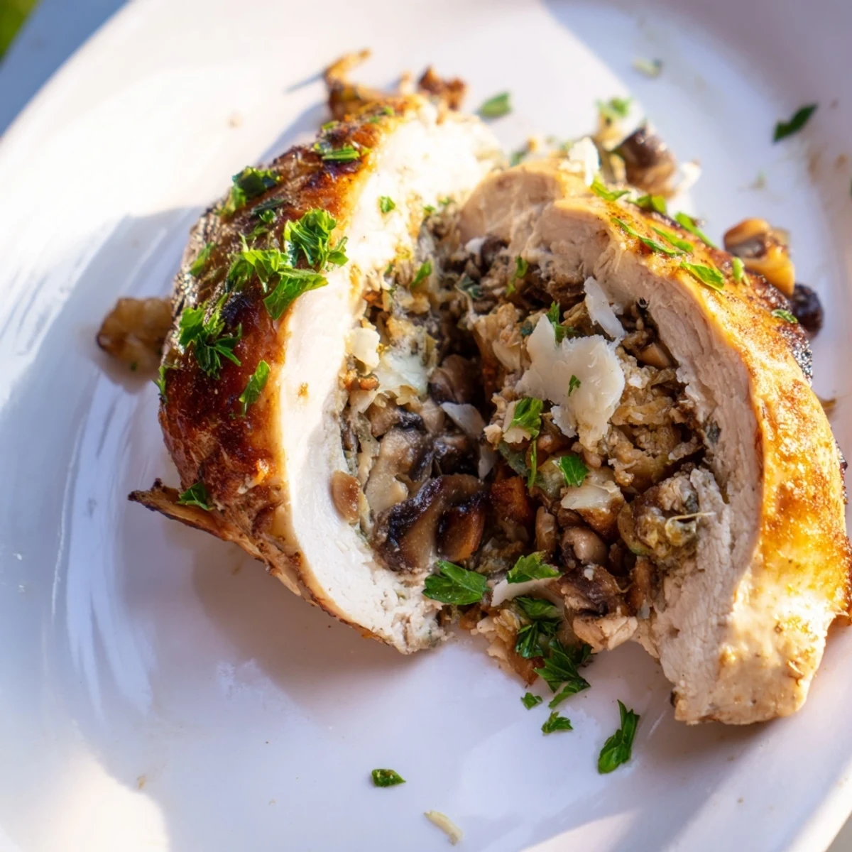 Savory stuffed chicken breasts packed with garlic-herb mushrooms and melted cheese, baked to tender perfection and sliced to reveal the flavorful center.