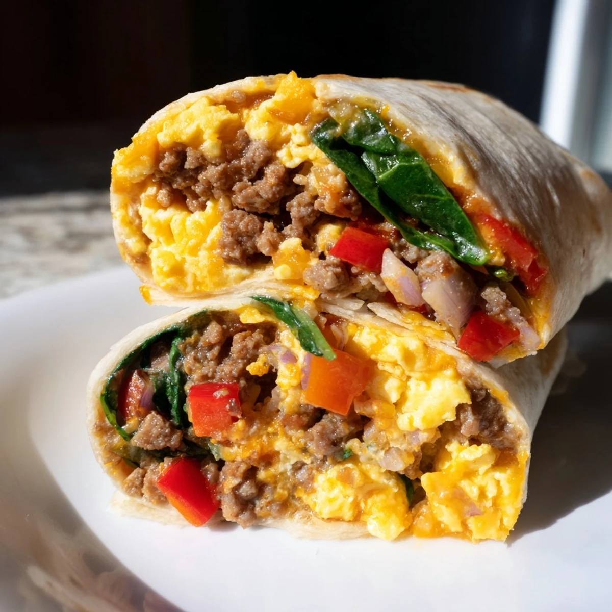 Golden Make-Ahead Breakfast Burritos packed with eggs, cheese, and veggies sit on a plate with salsa and avocado nearby.