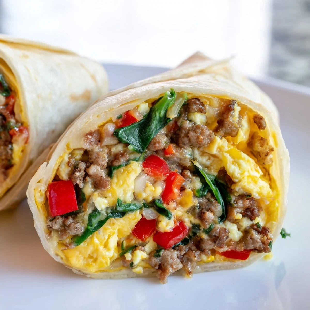 Easy Make-Ahead Breakfast Burritos wrapped in foil for freezing, with steaming eggs, peppers, and sausage ready to reheat.