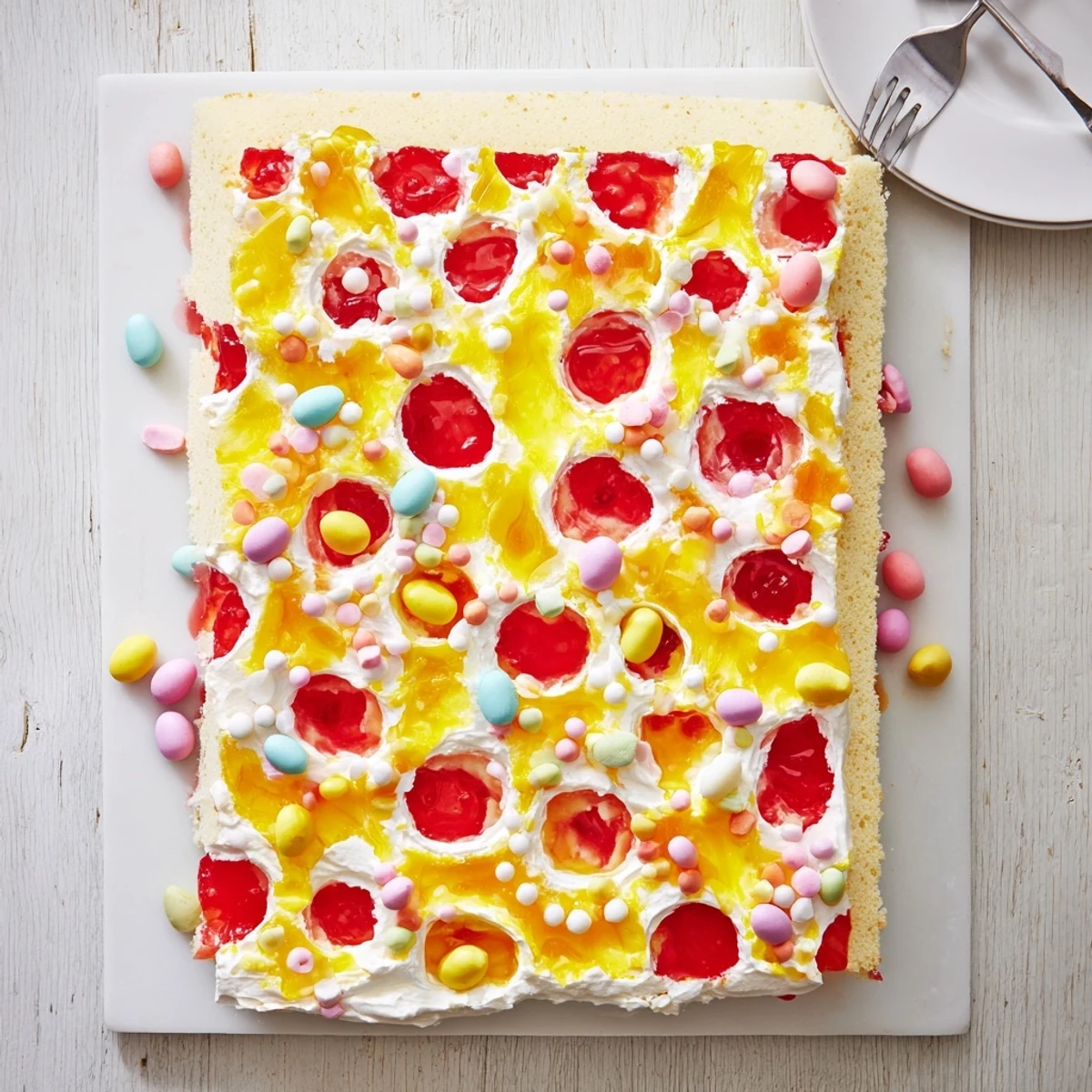 Easter poke cake with vanilla gelatin and fruity topping topped with fluffy whipped cream and colorful pastel sprinkles