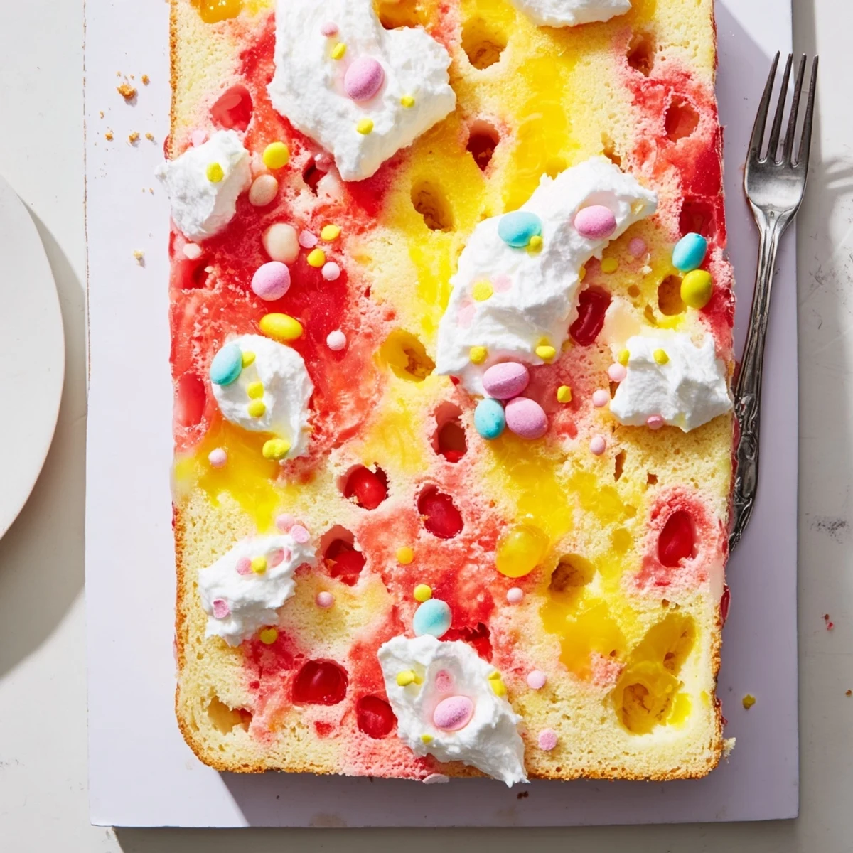 Golden Easter poke cake with vanilla gelatin and fruity garnish ready for your holiday dessert table