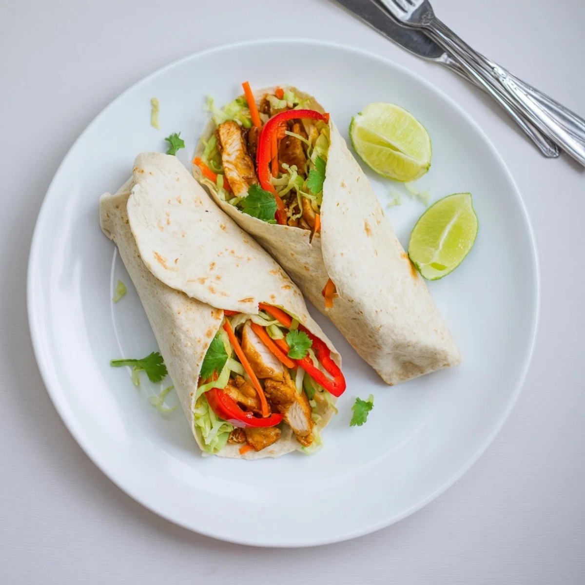 Golden chicken strips glazed in sweet chili sauce nestled in a soft flour tortilla with crisp vegetables