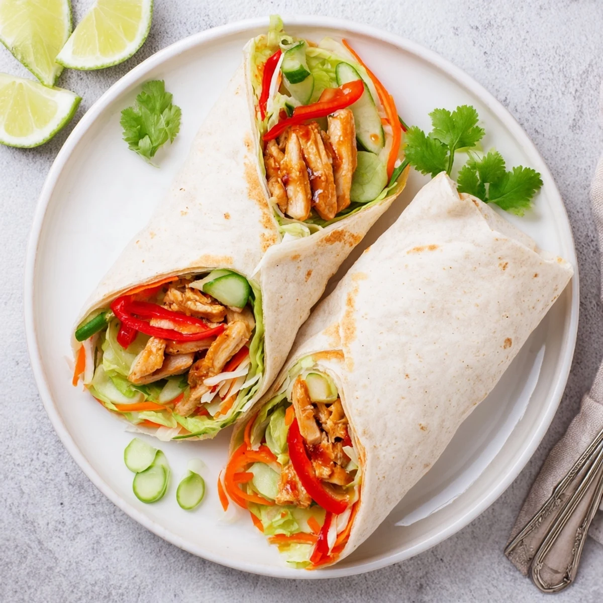 Rolled sweet chili chicken wrap sliced in half revealing colorful layers of seasoned meat and crunchy vegetables