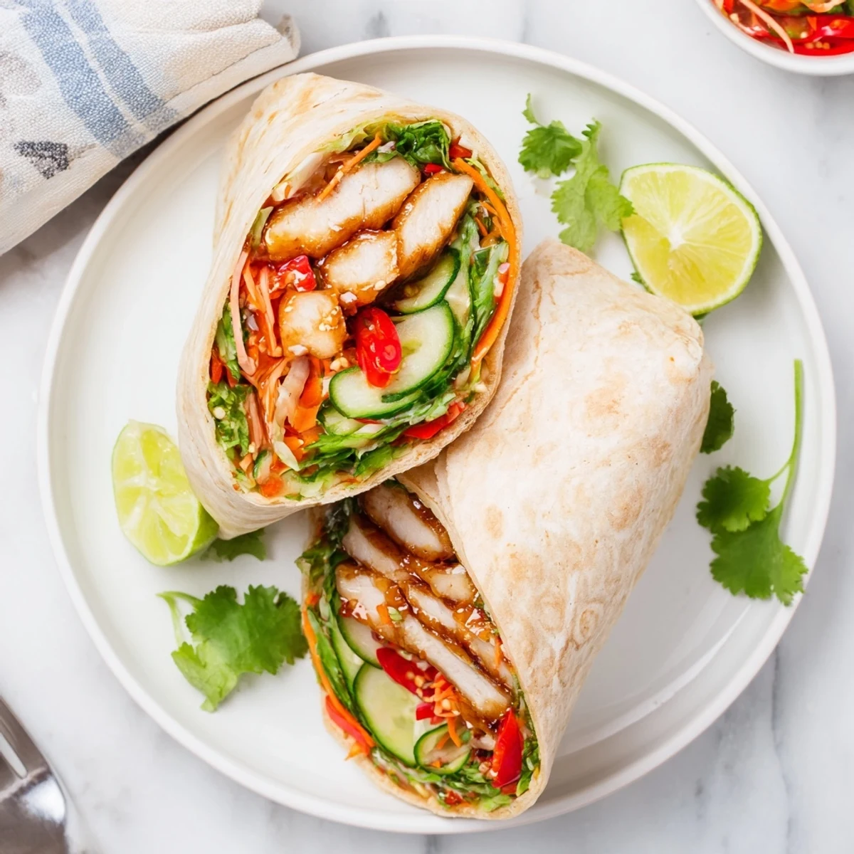 Fresh sweet chili chicken wraps stacked on a wooden board featuring vibrant lettuce peppers and julienned carrots