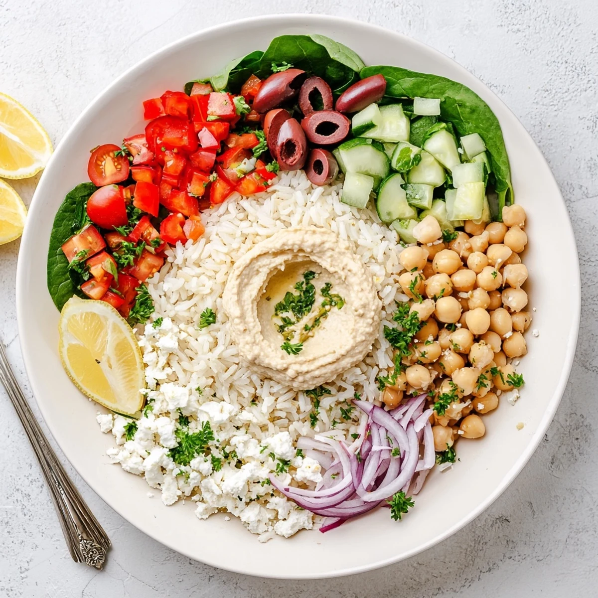 Close-up of Mediterranean rice bowl topped with crisp veggies olives feta and tangy tahini dressing
