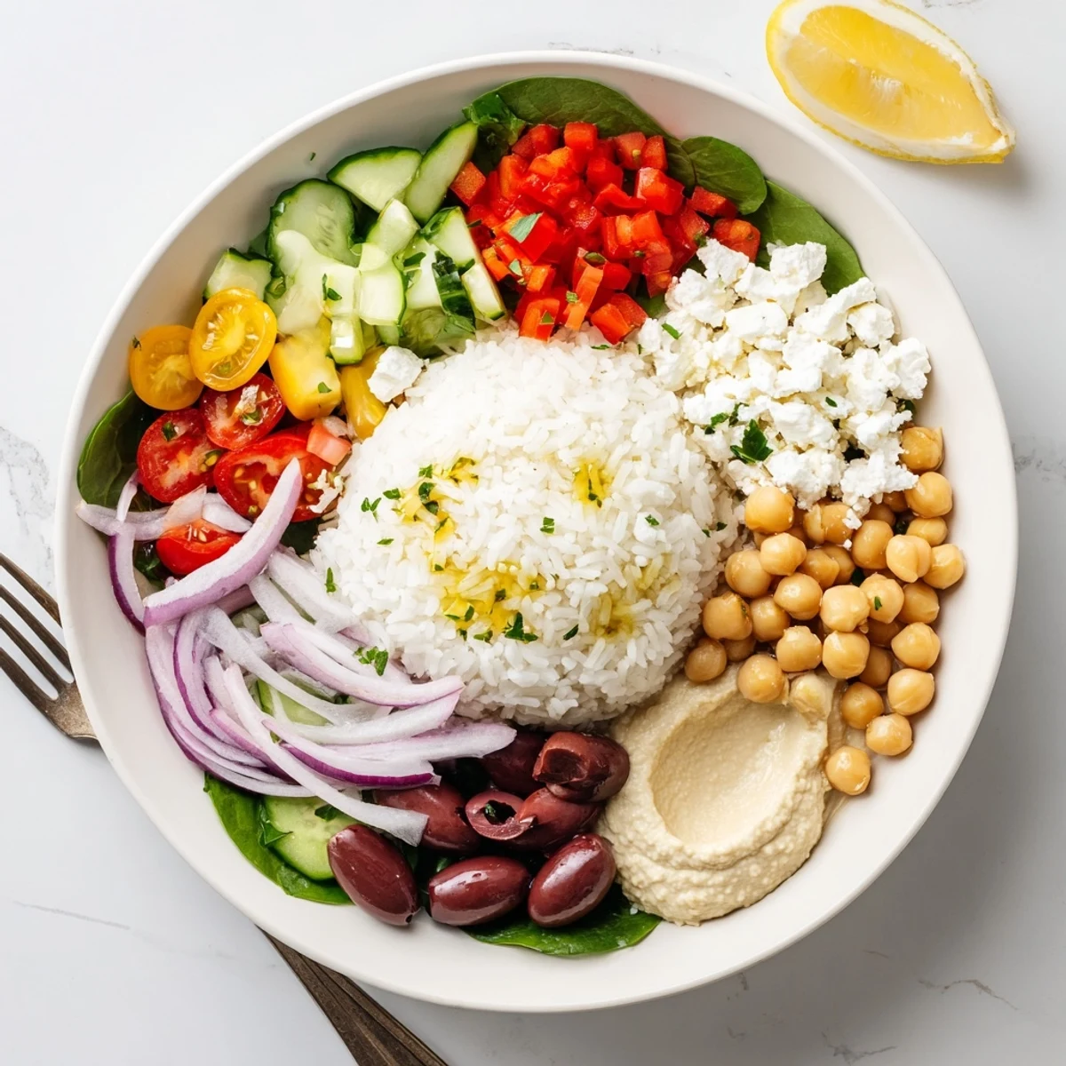 Colorful Mediterranean rice bowl with fresh vegetables chickpeas hummus and creamy lemon-tahini drizzle