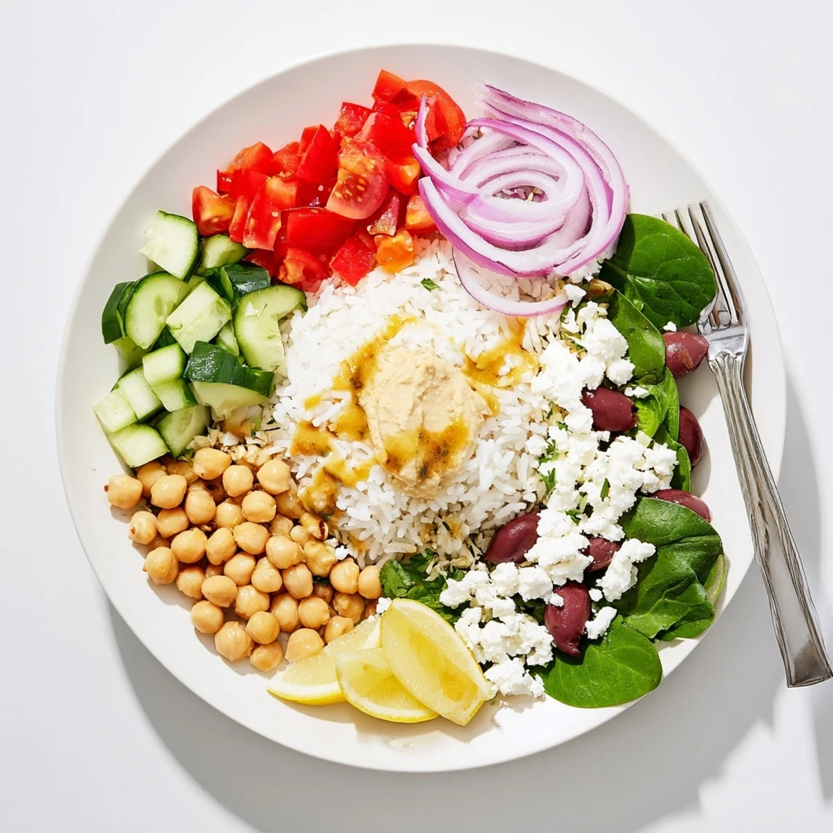Healthy Mediterranean rice bowl arranged with fluffy rice roasted vegetables chickpeas and zesty lemon sauce