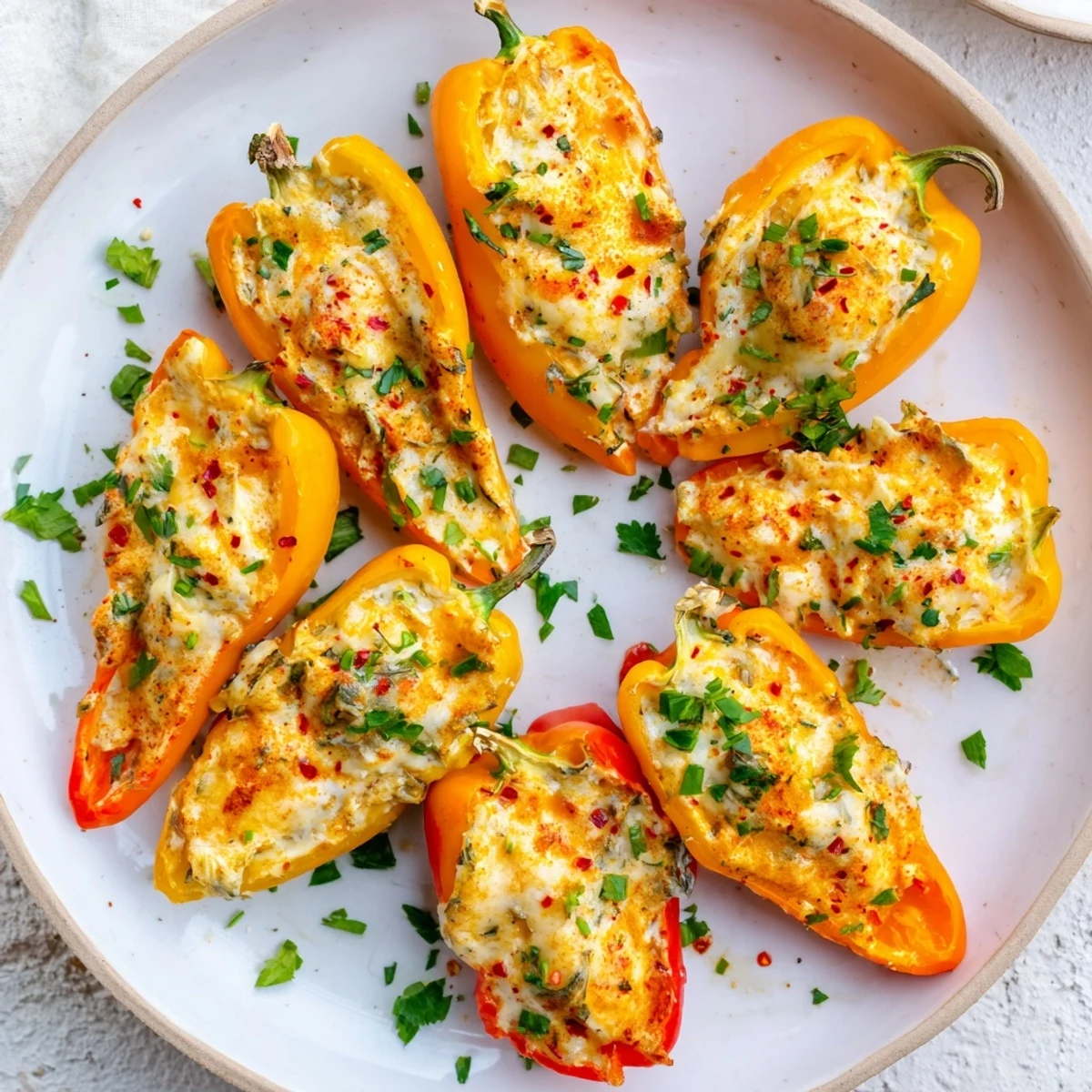 Colorful roasted mini peppers filled with savory cream cheese blend topped with fresh herbs