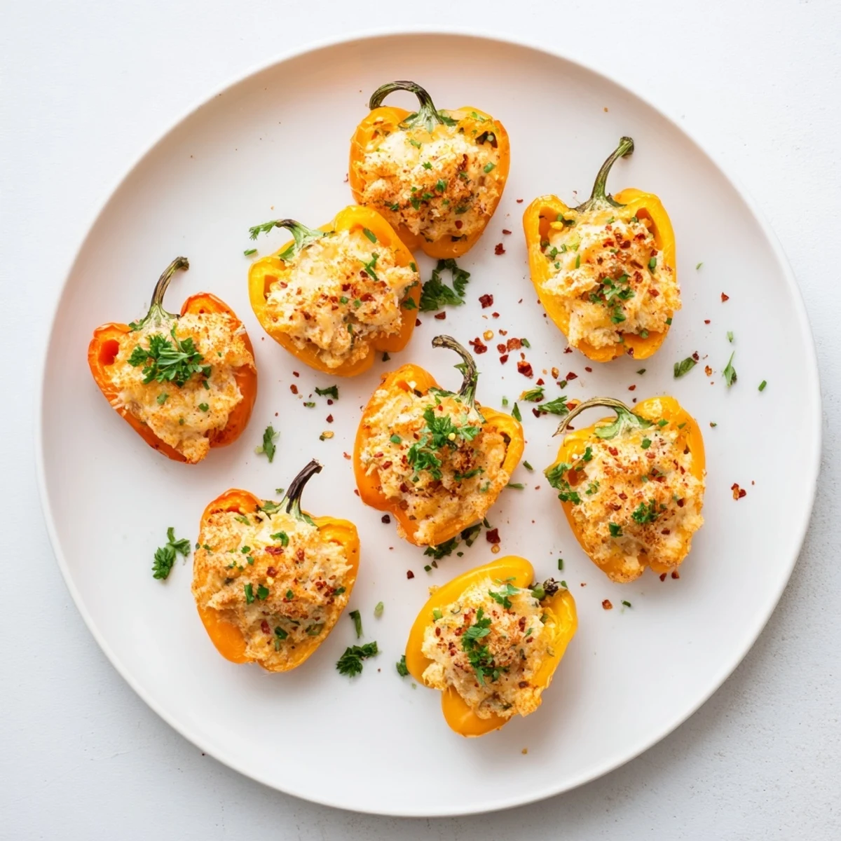 Golden air fryer cream cheese stuffed mini peppers arranged on a white serving platter
