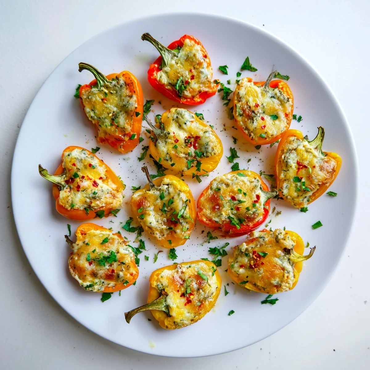 Crisp tender air fryer cream cheese stuffed mini peppers sprinkled with smoked paprika garnish