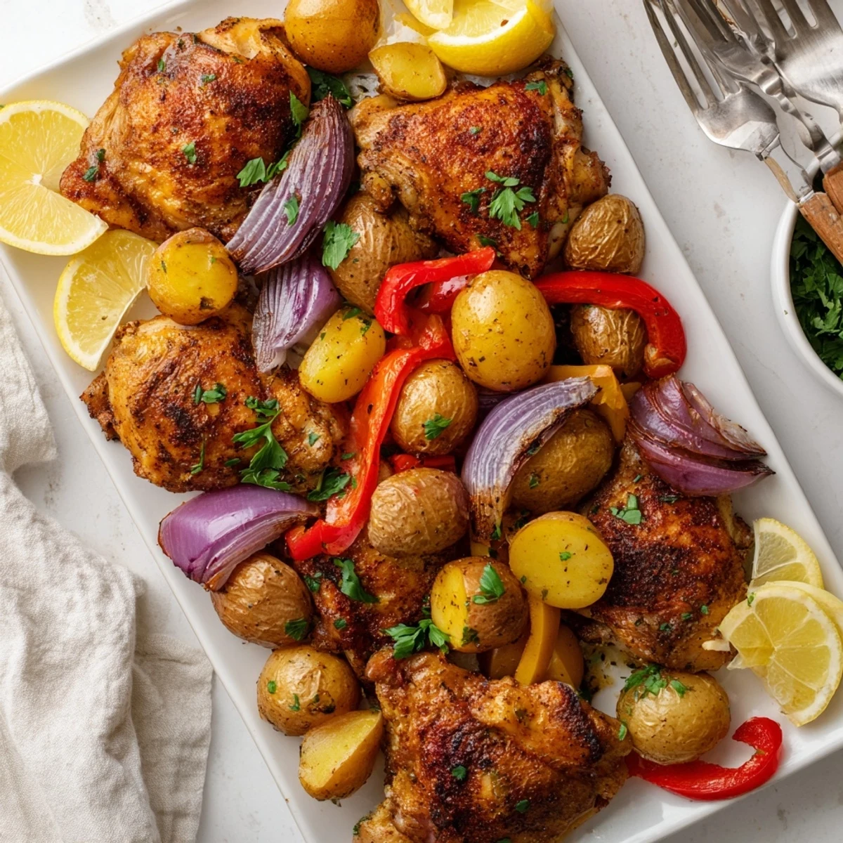 Succulent sheet pan chicken and potatoes garnished with fresh parsley and lemon wedges on parchment paper