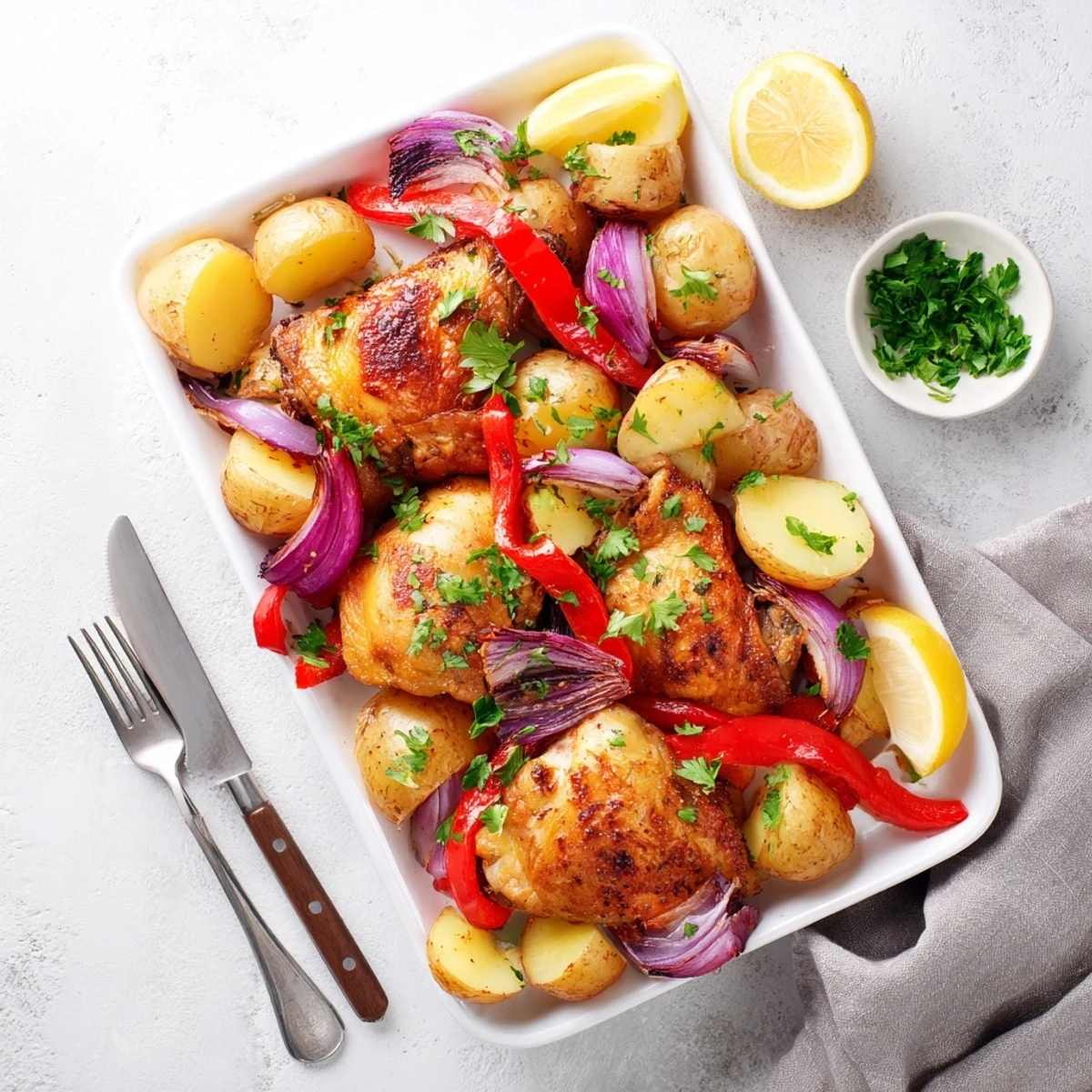 Golden roasted chicken thighs nestled among crispy potatoes and colorful vegetables on a metal baking sheet